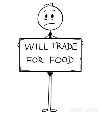 卡通的悲傷饑餓的失業(yè)商人控股將貿(mào)易的食品標(biāo)志